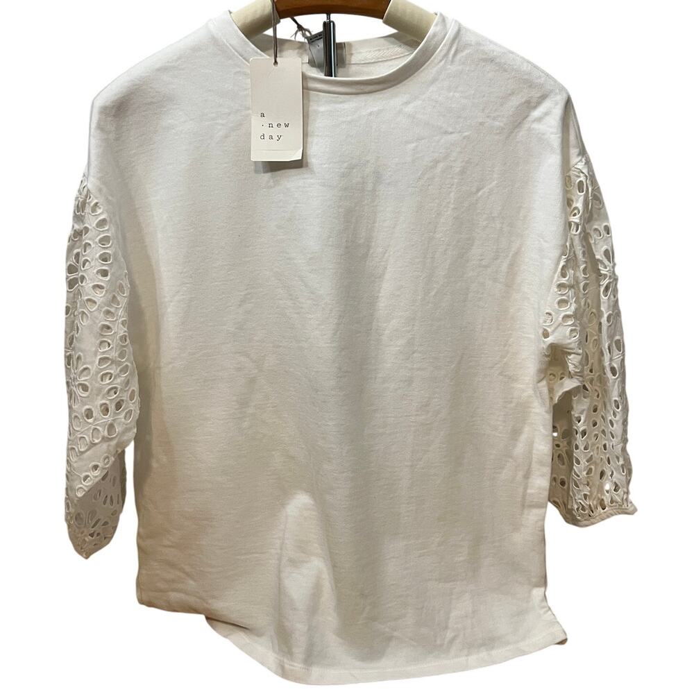 A New Day Women's White Long Sleeve Round Neck Eyelet Top - Size Small - NWT